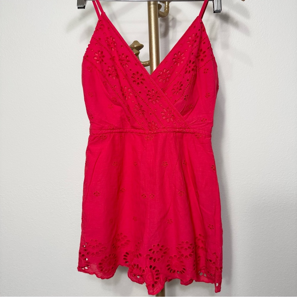 Japna Cotton Eyelet Sleeveless Spaghetti Strap Surplice Smocked Scalloped Romper